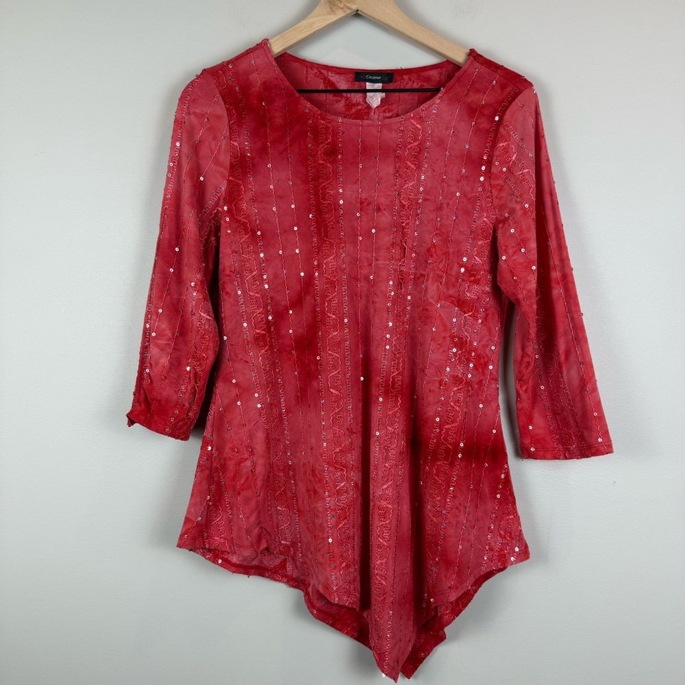 Cocomo Top Women's Small Red Sequin Scoop‎ Neck 3/4 Sleeve Stretch Tunic Artsy